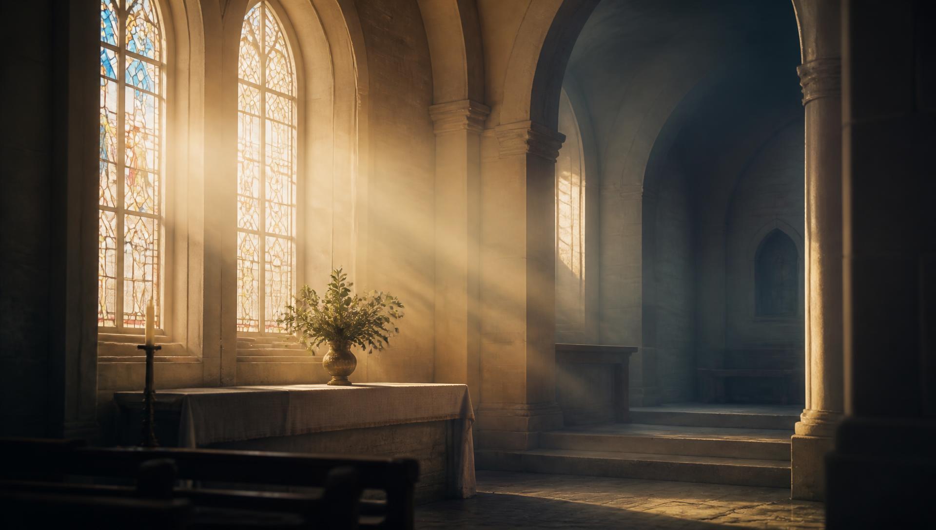 Morning light through the arched windows of a quiet chapel